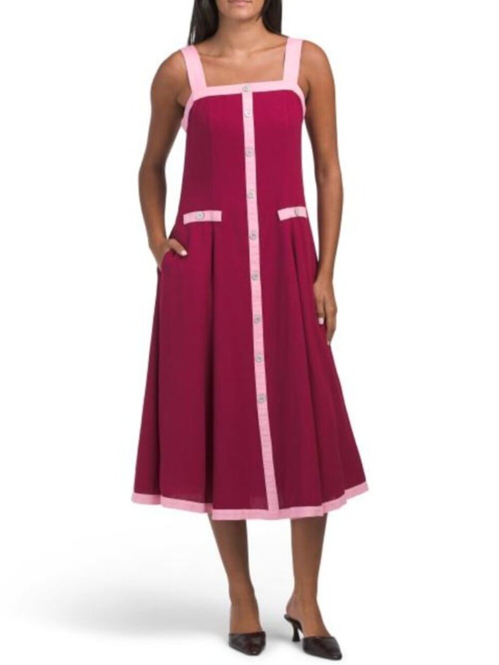 NICOLE MILLER Linen Blend Button Front Two Tone Midi Dress